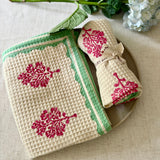 Sara - Cotton Waffle Kitchen Towel - Pink & Pastel Green