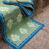 Sara - Pure Linen Hand-Printed Table Runner - Oil Green