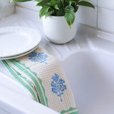 Sara - Cotton Waffle Kitchen Towel - Pastel Green & Blue